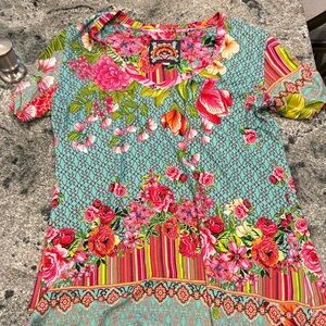 Johnny Was Floral Patterned Blouse in Pink and Green